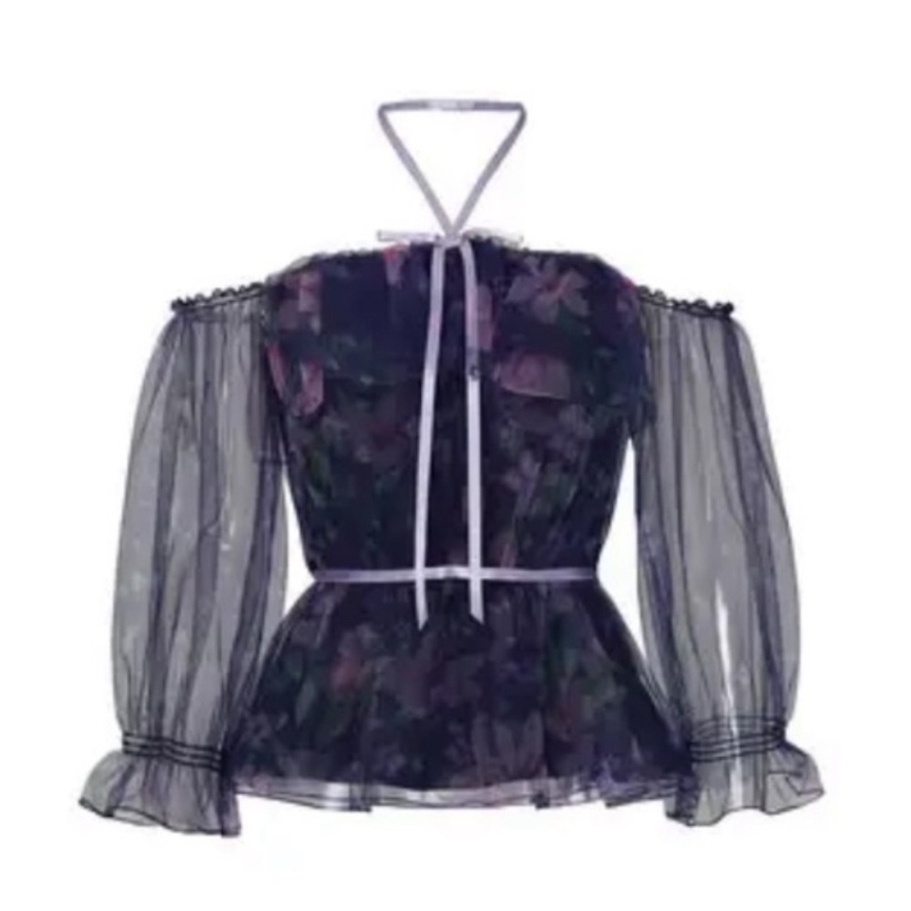 Marchesa Notte purple floral mesh off shoulder top 14.   OO